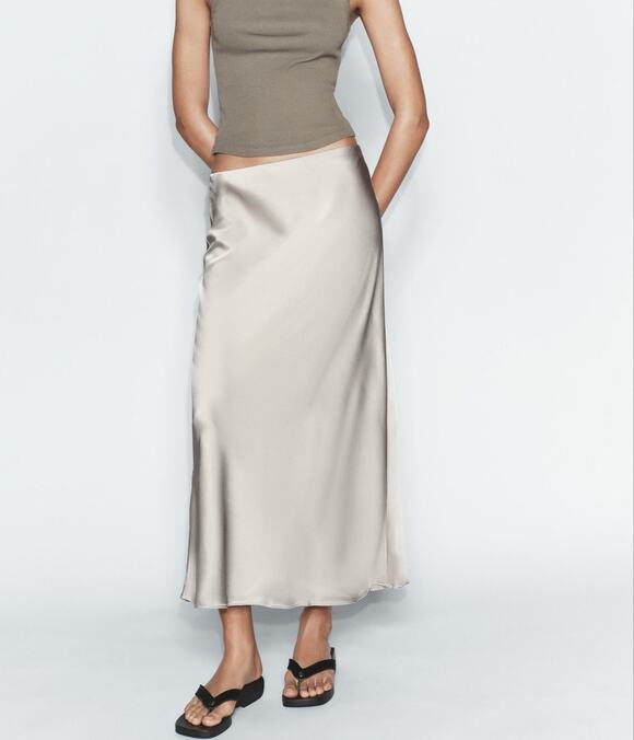 Zara Dresses & Skirts - Zara Satin Midi Skirt Taupe Bias Cut Minimalist Size XS